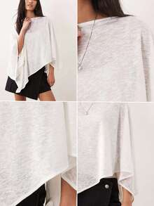 Women's Semi-Sheer Knit Boat Neck 3/4 Sleeve Top, Asymmetrical Hem, Loose Bohemian Style Pullover - White - View 7