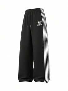 Men's Spring/Autumn Striped Drawstring Waist Pocket Casual Straight Leg Pants - Black - View 2