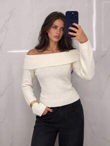 Women's Off-Shoulder Folded Long Sleeve Knit Sweater, Slim Fit Solid Color Pullover Top, Suitable For Date, Party And Daily Wear - White - View 3