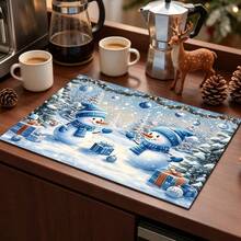 1pc Dish Drying Mat, Coffee Machine Mat, Christmas Winter Snow Scene Snowman Pattern Dish Drying Mat, Kitchen Bowl Dish Cup Drainage Mat, Table Mat Anti-Scratch Desktop Protection, Holiday Party Table Decoration Mat, Multi-Purpose Drainage Mat, Home Gift, Desktop Decoration - XYLSD-1131 - View 6