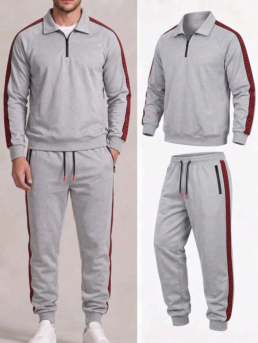 Men's Casual Sports Outfit Spring Autumn, Lapel Pullover Sweatshirt + Jogger Pants Two Pieces Set, Daily Work Fitness Running Wear Men's Suit - Light Grey - View 1
