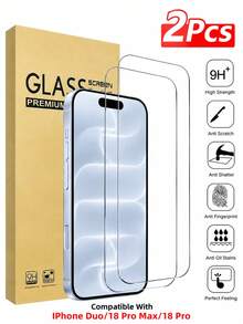 2pcs Tempered Glass Screen Protector, Compatible With Iphone Duo/18ProMax/18 Pro/17/17 Pro/17 Pro Max/17 Air/16/16 Plus/16 Pro/16 Pro Max/15/14/13/12/11/X/XR/XS/8/7 Series, High Definition Transparent Full Coverage Glass Film, 9H Hardness Anti-Scratch Anti-Fingerprint Bubble-Free Easy Installation, Suitable For Phone Case Screen Protection Accessory - 2pcs - View 1