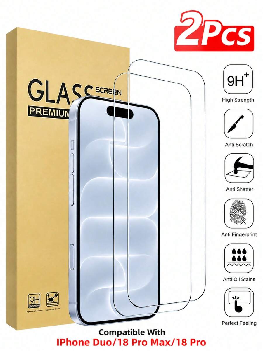 2pcs Tempered Glass Screen Protector, Compatible With Iphone Duo/18ProMax/18 Pro/17/17 Pro/17 Pro Max/17 Air/16/16 Plus/16 Pro/16 Pro Max/15/14/13/12/11/X/XR/XS/8/7 Series, High Definition Transparent Full Coverage Glass Film, 9H Hardness Anti-Scratch Anti-Fingerprint Bubble-Free Easy Installation, Suitable For Phone Case Screen Protection Accessory - 2pcs - View 1