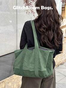 New Japanese And Korean Style Solid Color Striped Velvet Large Capacity Shoulder Bag Tote Bag Handbag Shopping - Green - View 3