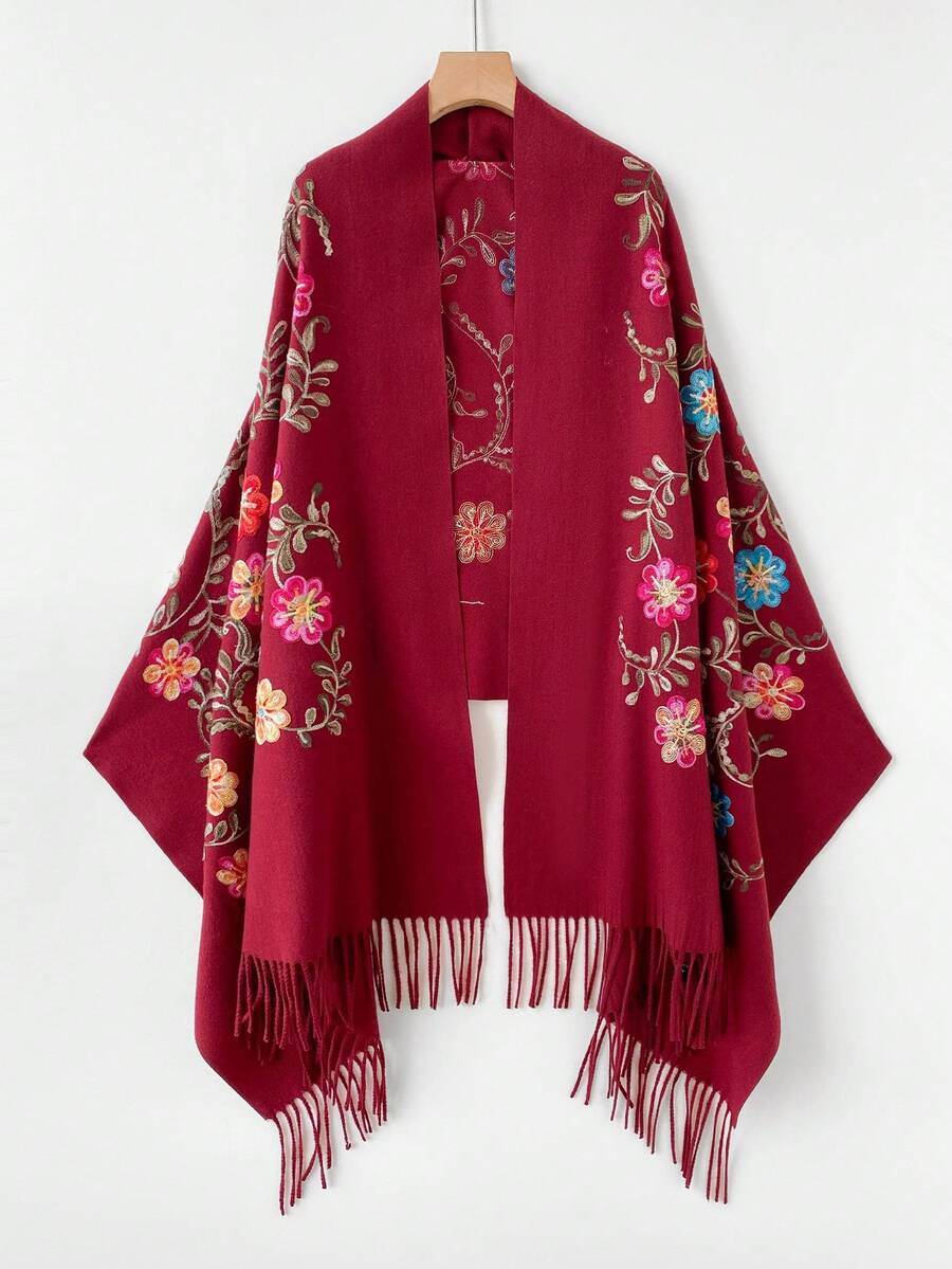 1件女款秋冬仿羊絨花卉刺繡圍巾,加厚保暖披肩斗篷,附流蘇,波希米亞風旅行披肩 - 酒紅色 - 查看 1