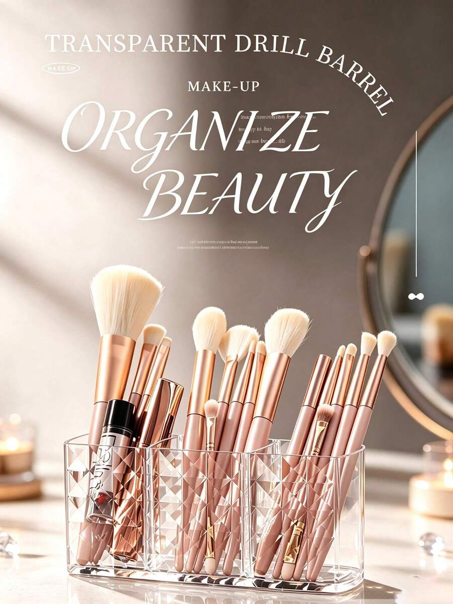 1 Piece Acrylic Makeup Brush Organizer, 3 Compartment Cosmetic Organizer, Pen Holder For Dormitory Bedroom, Back-To-School Essential - Multicolor - View 1