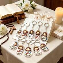10pcs 2D Flat Acrylic Cartoon Jesus Keychain, Christmas Holiday Christian Backpack Charm, Faith Blessing Pendant For Believers, Unisex Couple Car Key Chain, Baptism, First Communion, Church Event Souvenir Gift - Multicolor - View 2