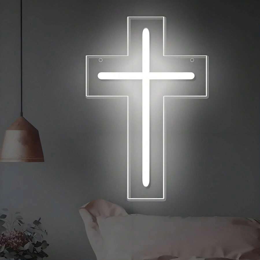 Señal de cruz de neón LED alimentada por USB, decoración religiosa para el hogar con montaje en pared para dormitorio, sala de estar, y regalos espirituales de fe cristiana OU9J - Blanco - Ver 1