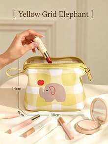 1pcCasual Style PU Fabric Curved Cosmetic Bag, Striped & Plaid Print With Fruit & Animal Graphic, Zipper Pouch With Hand Strap, Storage Pouch For Makeup, Skincare And Small Items, Travel Cosmetic Case, Suitable For Daily Use, Trip, All Season Use - Multicolor - View 11