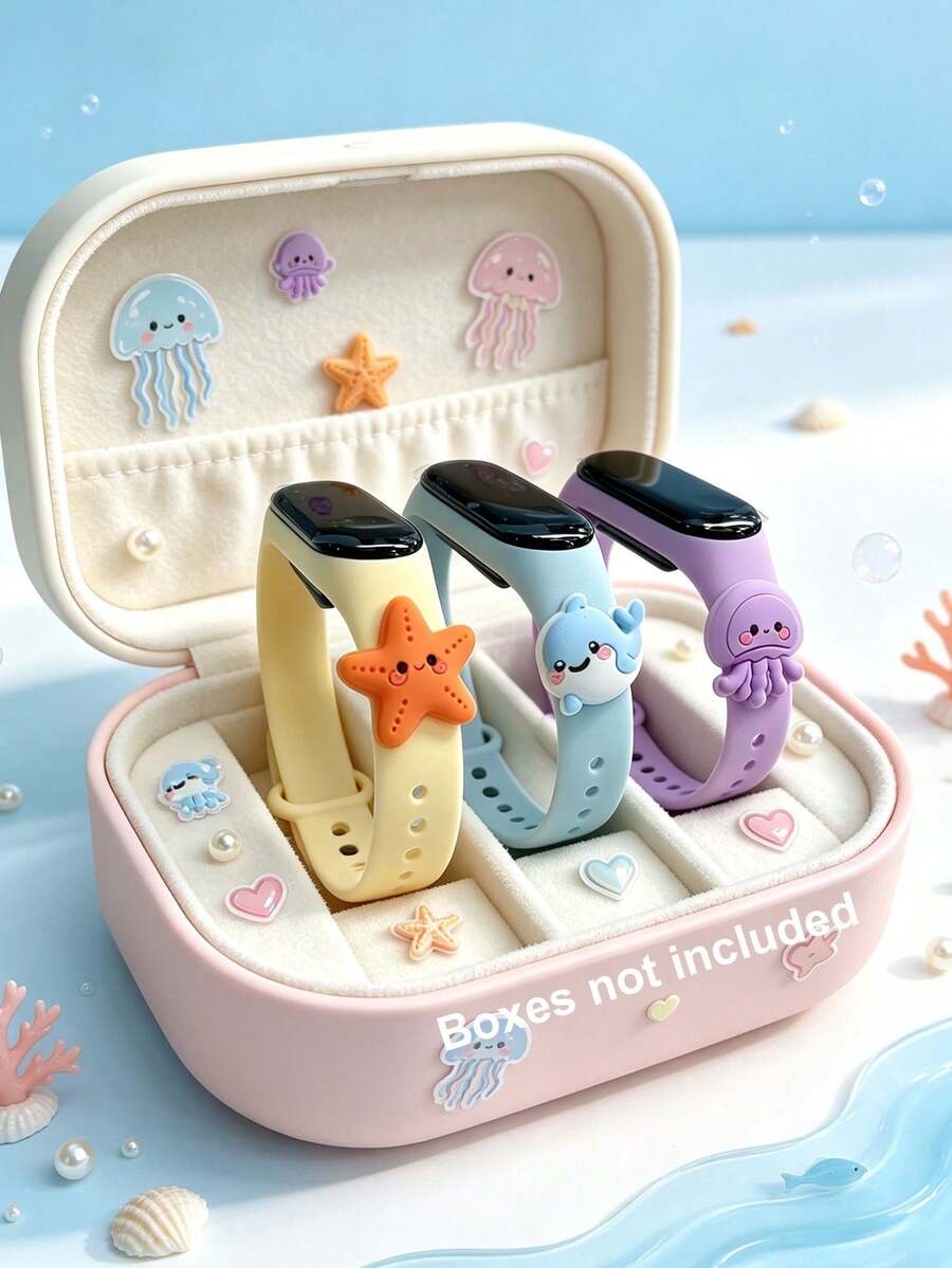 3pcs/Set Unisex Student Children Disposable Ocean Series LED White Light Electronic Wristbands, Starfish Dolphin Jellyfish Cute Charms - Multiple Combinations, Can Display Time And Date, Suitable For Back To School, Birthday, Halloween, Christmas And Other Holiday Gift-Giving Occasions - Multicolor - View 1