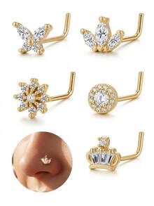 5PCS/Set Golden CZ L Nose Stud 20G Multiple Designs Flower Crown Round Rhinestone Nose Rings Dainty Piercing Jewelry - 5Pcs/ a Style - View 1
