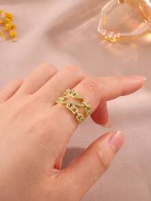 rakol 1pc Silver-Color Bar-Shaped Open Cubic Zirconia Decor Ring For Women - Gold - View 4