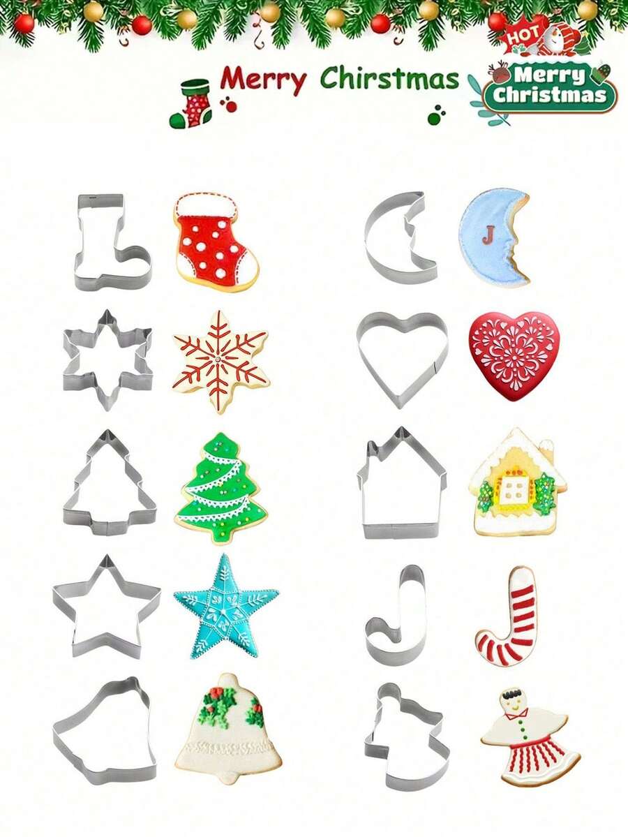Christmas Cookie Cutter Set - Holiday Mini Cookie Cutters, Includes: Gingerbread House, Snowflake, Christmas Tree, Gingerbread Girl, Heart, Star, Moon, Christmas Bread, Bell, Boot - View 1
