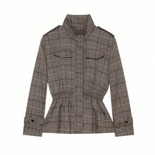 Jaket Musim Semi Wanita Modis dengan Saku Kotak-kotak, Hem Berlipit, dan Desain yang Mengencangkan Pinggang - Merah tua - View 4