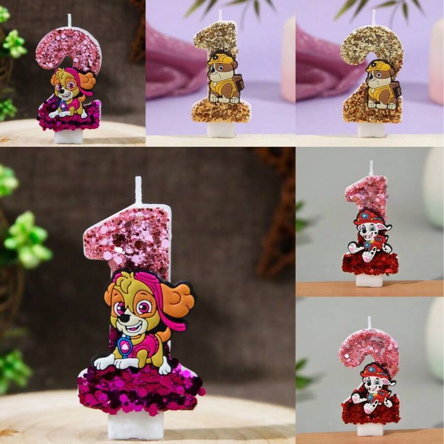 Paw Patrol Creative Dog Team Cartoon Sky Sequin Number Candles 0-9, Birthday Cake Decoration Candles Party - Multicolor - View 1
