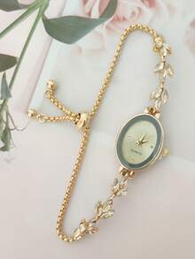 Women's Rhinestone Oval Dial Quartz Watch Adjustable Leaf Slider Bracelet Wristwatch Gift For Her Birthday Christmas - Silver - View 6