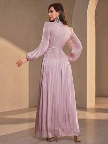 Women's Stand Collar Waist Twist Beaded Sequin Embellished Elegant Long Lantern Sleeve Shift Dress Wedding Spring Party Fall - Dusty Pink - View 2