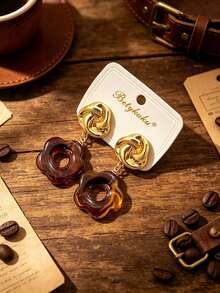 2pcs European & American Old Money Style Resin Flower Gold Pendant Earrings For Women & Girls, Daily Casual Party Jewelry Gift - Autumn/Winter - View 7