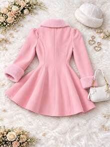 Autumn/Winter Tween Girls' Fashion Elegant Faux Fur Collar Waist-Cinching Double-Breasted Mid-Length Overcoat - Pink - View 3