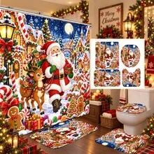 1pc/4pcs Gingerbread Town Santa Claus Pattern Multi-Functional Bathroom Decor Shower Curtain Set, Free 12 Hooks, Premium Holiday Atmosphere, Bathroom Mat, U-Shaped Bath Mat And Round Toilet Lid Cover, Suitable For All Occasions, Bathroom Set - Gingerbread Town Santa Claus - View 1