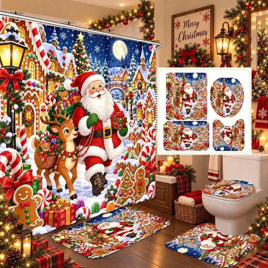 1pc/4pcs Gingerbread Town Santa Claus Pattern Multi-Functional Bathroom Decor Shower Curtain Set, Free 12 Hooks, Premium Holiday Atmosphere, Bathroom Mat, U-Shaped Bath Mat And Round Toilet Lid Cover, Suitable For All Occasions, Bathroom Set - Gingerbread Town Santa Claus - View 1
