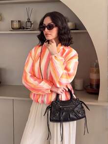 GMFP Women's Multi-Color Vertical Striped Stand Collar Short Zip-Up Jacket, Contrast Color Design Casual Vacation Style Top - Orange - View 2
