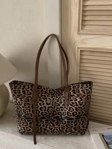 1pc Brown PU Smooth Zipper Leopard Print Fashion Versatile Casual Minimalist Autumn/Winter New Niche Shoulder Tote Bag For Women Daily Use - Brown - View 9