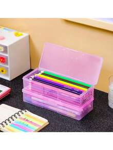 Nail Art Storage Box, Transparent Plastic Organizer, Rectangular Clear Box, Large Capacity Pencil Case With Snap Lid, Office Supplies Storage Organizer, Stackable Transparent Plastic Pencil Box Suitable For Rhinestones, Brushes, Nail Files, Portable Multi-Function Tool Storage Box - Pink - View 6