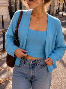 Women's Fall Winter Solid Color Knit 2 Pieces Set, Long Sleeve Cardigan Coat And Cami Vest, Ribbed Sweater, Cozy Casual Outfit, Back To School Outfit - Blue - View 4