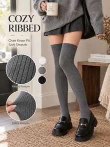 1 Pair Women's Ribbed Knit Thigh High Socks, Soft Stretch Thigh High Stockings, Cozy Preppy Socks For Fall Winter, School & Daily Wear - Multicolor - View 2