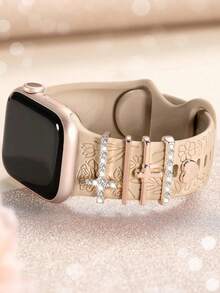 6-In-1 Floral Engraved Watch Band + Metal Charms Decorative Ring Compatible With Apple Watch Band 40mm 41mm 42mm 38mm 44mm 45mm 46mm 49mm, Boho Soft Silicone Sports Rose Flower Watch Band With Diamond Rhinestone Pendant Ring Compatible With Apple Watch 12 11 10 9 8 7 6 5 4 3 2 1 For Women - Milk Tea + Cross - View 9
