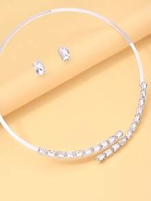 3pcs/Set Earrings & Necklace Jewelry Set, Double-Row Rectangular Cut Rhinestone Necklace + Minimalist Square Stud Earrings, Wedding Banquet Party Accessories - Rhinestone - View 5