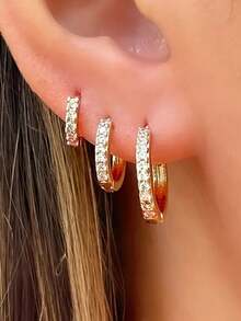 3pcs European And American Round Copper Material Rhinestone Stud Earrings Set, Fashionable Minimalist Elegant Niche High-End Earrings For Women Daily Wear (3pcs, Not 3 Pairs) - Three-piece Earrings - View 1