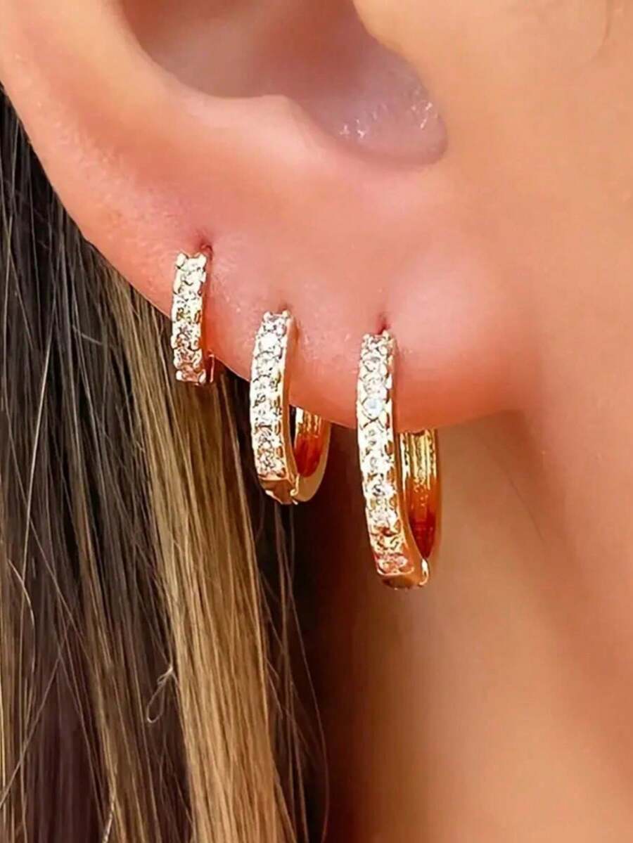 3pcs European And American Round Copper Material Rhinestone Stud Earrings Set, Fashionable Minimalist Elegant Niche High-End Earrings For Women Daily Wear (3pcs, Not 3 Pairs) - Three-piece Earrings - View 1