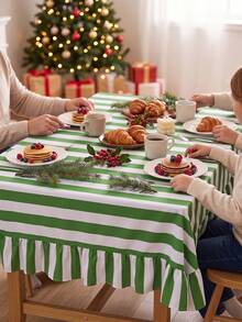 1pc Green And White Classic Wide Striped Tablecloth, Traditional Country Style, Rectangular With Scalloped Edge And Pleated Details, Stain-Resistant Protective Table Cover, Suitable For Christmas, Family Gatherings And Winter Holiday Dining Room Decor - Green - View 3