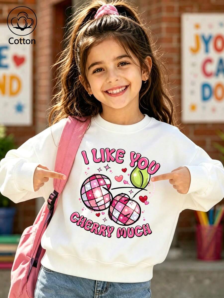 Children's White Crew-Neck Sweatshirt I LIKE YOU CHERRY MUCH With Fun Disco Ball Cherry Print, Long-Sleeve - White - View 1