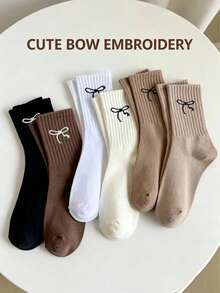 1 Pair Women's Ribbed Crew Socks, Cute Bow Embroidery Mid-Calf Socks, Soft Breathable Solid Color Casual Socks, Classic Neutral Tone Preppy Style Socks, Multi-Purpose Daily Wear Socks - Multicolor - View 4