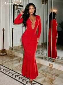 New Idea Women Red Fuzzy Knit Deep Cutout Chain Detail Long Sleeve Mermaid Maxi Dress - Red - View 5