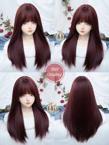 alicegarden 26-Inch Long Synthetic Wig Featuring A Natural Straight Style A Stunning Burgundy. Designed With Bangs , This False Hairpiece Is Perfect For Ms Daily Party Cosplay Use, Offering A Natural And Natural Durable Wig Gift For Ladies. (No Accessories) - Burgundy - View 9