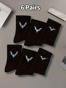 1/2/6/12 Pairs Of Bat Print Socks, Gothic Style, Comfortable Mid Length Socks, Suitable For Daily Wear, Available In Black And White, Autumn Style - Multicolor - View 6