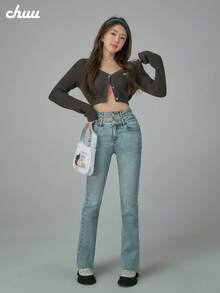 Áo cardigan len cài nút CHUU nữ dáng ôm, thiết kế thanh lịch mùa thu, áo khoác mở trước đa năng - Xám - Xem 3