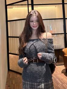 French Lazy Style Off Shoulder Collar Sweater Women Autumn Winter Belt Waist Loose Knit Top - Grey - View 5