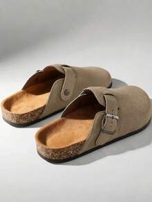 Women's Closed-Toe Mule Slippers, Adjustable Strap Flat Sandals, Slip-On Backless Casual Slides, Round Toe Everyday Shoes - Coffee Brown - View 5