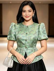 現代菲律賓風蝴蝶袖女款短袖上衣，適合度假、日常穿著與約會，春夏季 - 綠色 - 查看 1