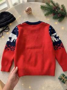 Young Boy Christmas Reindeer Contrast Color Crew Neck Long Sleeve Pullover Sweater, Autumn/Winter - Red - View 3