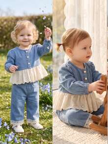 2pcs/Set Baby Girl Cute Puff Sleeve Long Sleeve Top And Straight Leg Pants With Lace Trim, Autumn - Light Wash - View 2