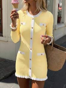 Women's New Autumn Elegant Contrast Color Metal Button Dress, Paired With Elegant Ruffle Blazer, Yellow Dress, Featuring Front Button Design Fall - Yellow - View 3