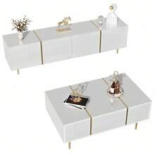 Modern High-Gloss White TV Cabinet And Coffee Table Set - White + MDF + 40-49 Inches - View 4