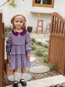 Girls' Autumn Floral Velvet Collar Long Sleeve Casual Flowy Wide Hem Floral Cotton Dress - Lilac Purple - View 1