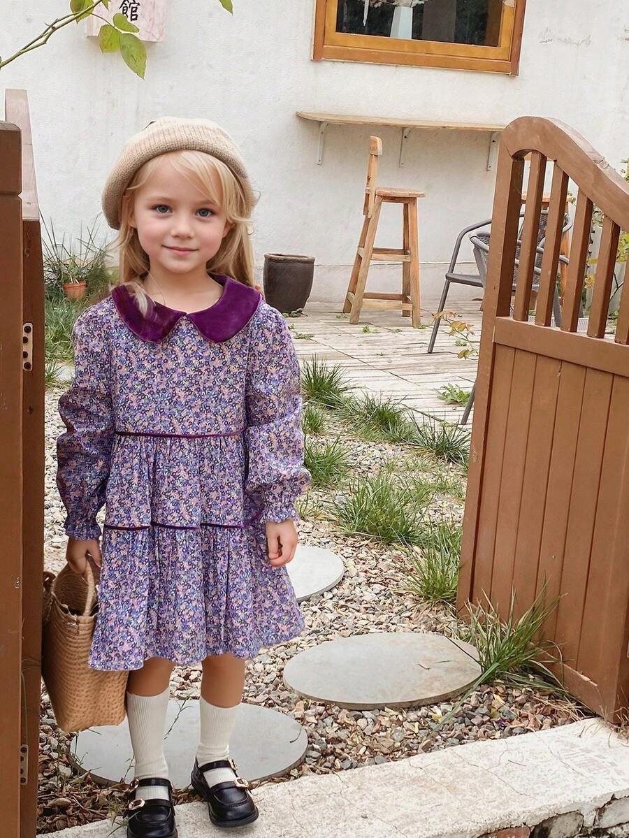 Girls' Autumn Floral Velvet Collar Long Sleeve Casual Flowy Wide Hem Floral Cotton Dress - Lilac Purple - View 1
